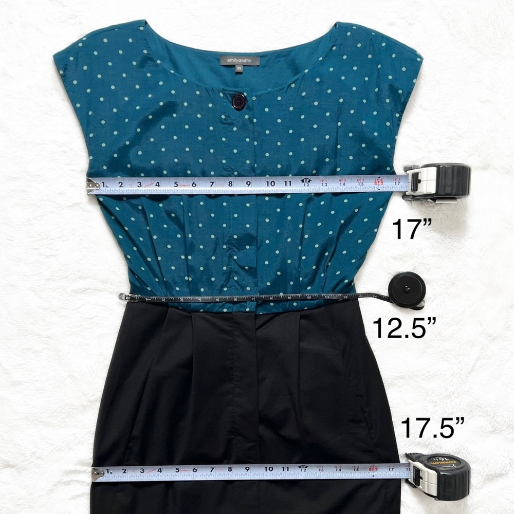Modcloth Emily and Fin Teal Polka Dot Black Retro Cap Sleeve Sheath Dress - Picture 10 of 11